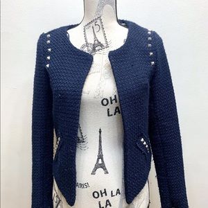 Dex Girl’s Short Tweed Jacket Navy Blue Distressed Style Small